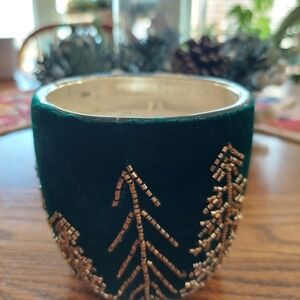 Anthropologie Juniper And Cedar Green Velvet and Gold Beaded Candle